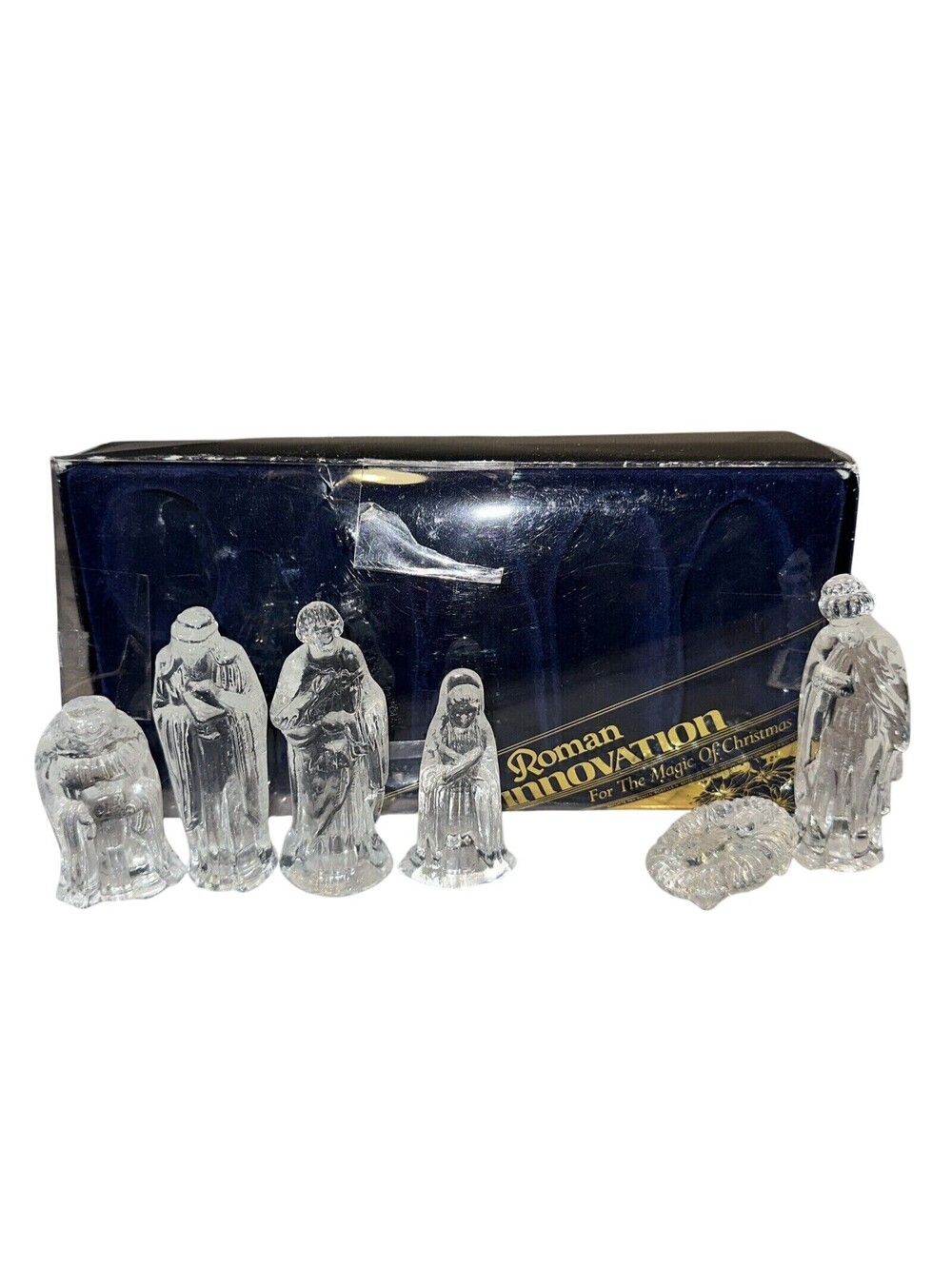 Vintage Roman Clear Glass Boxed Nativity Set 6pcs Innovation 4" Jesus Mary Kings